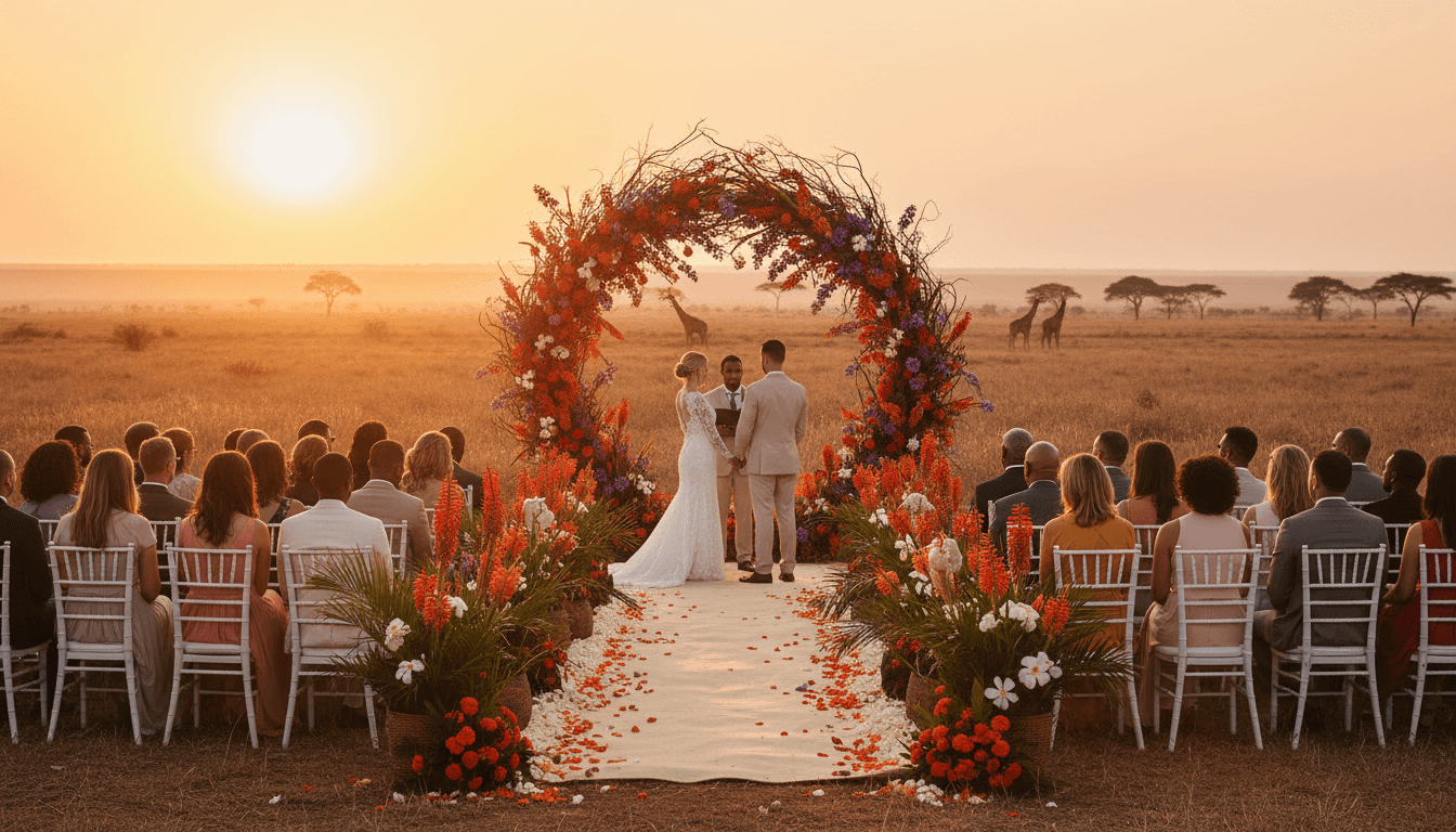 Outdoor East African wedding ceremony with floral arch at sunset in the savanna