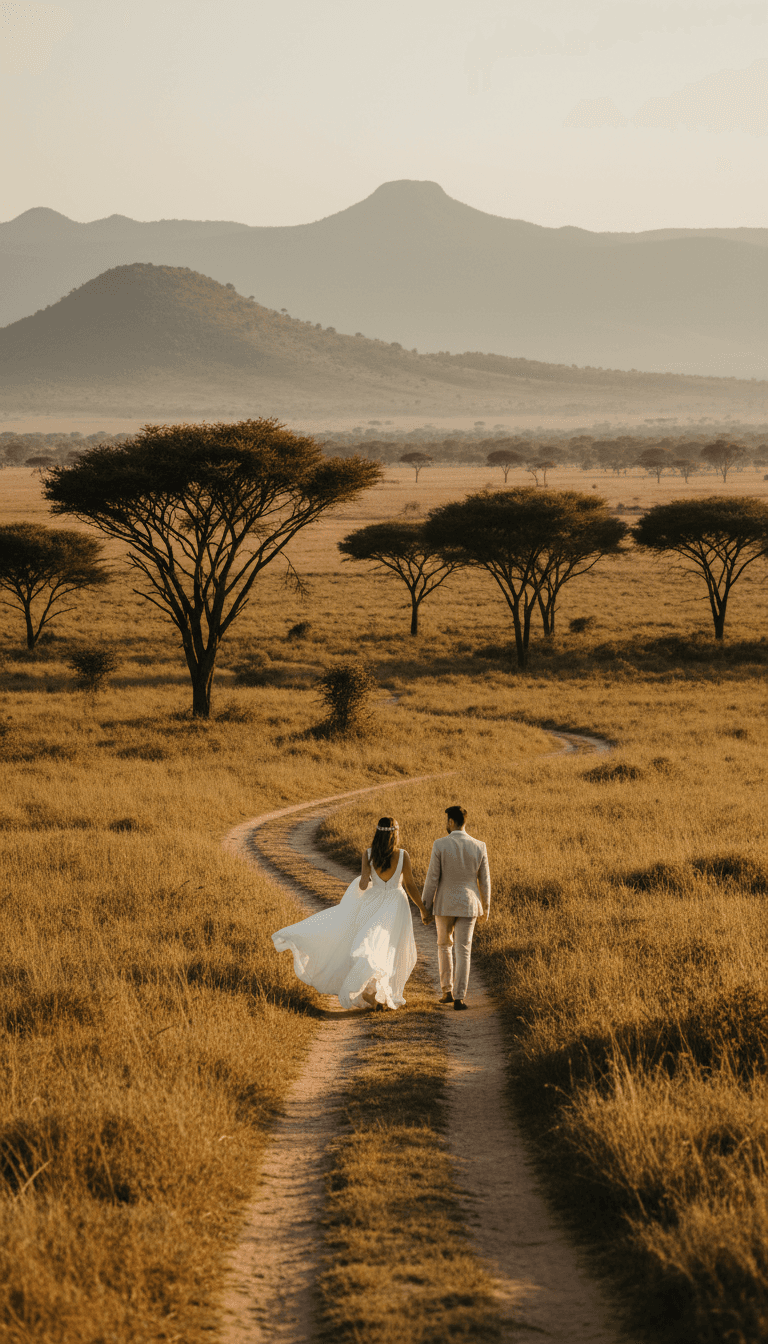 Bride and groom walking together through scenic East African landscape at sunset