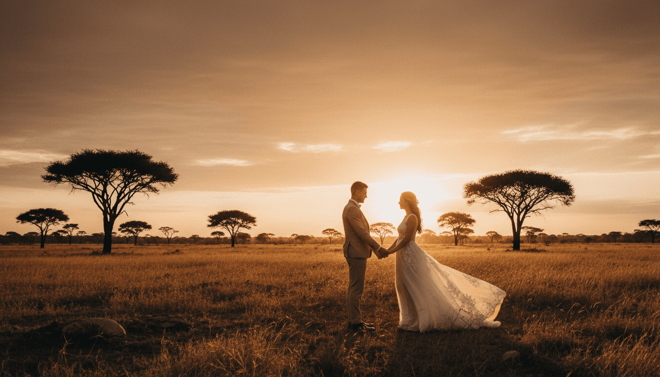 Couple overlooking an expansive East African savanna at golden hour during sunset
