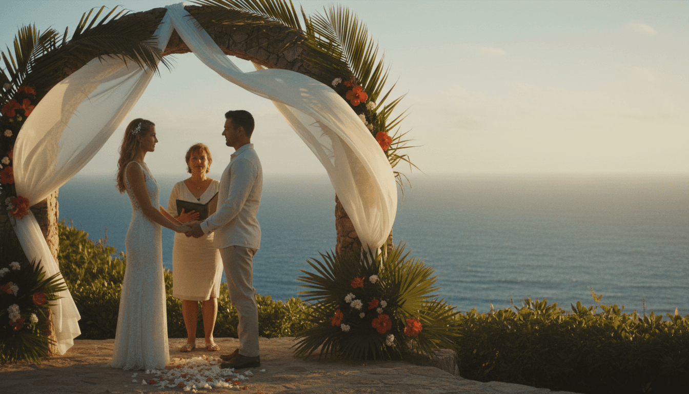 Couple exchanging vows beneath stone archway at sunset wedding ceremony with tropical ocean views in background
