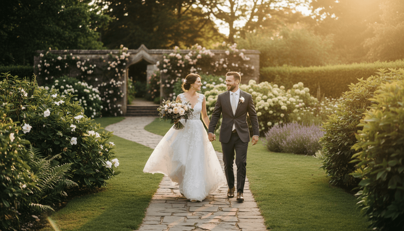 Bride and groom walking joyfully together through golden-hour lit garden with lush green foliage and flowers