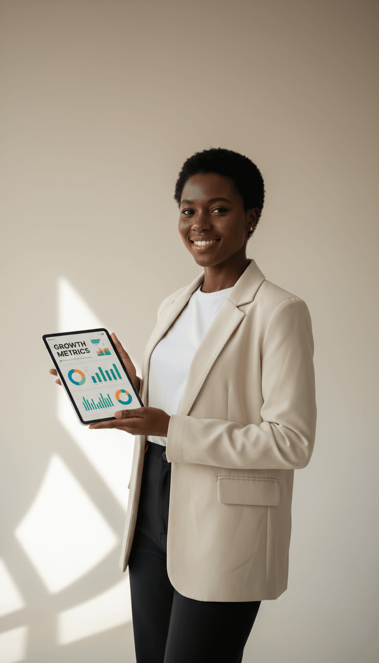Professional woman in business attire standing confidently while holding tablet displaying analytics dashboard and metrics