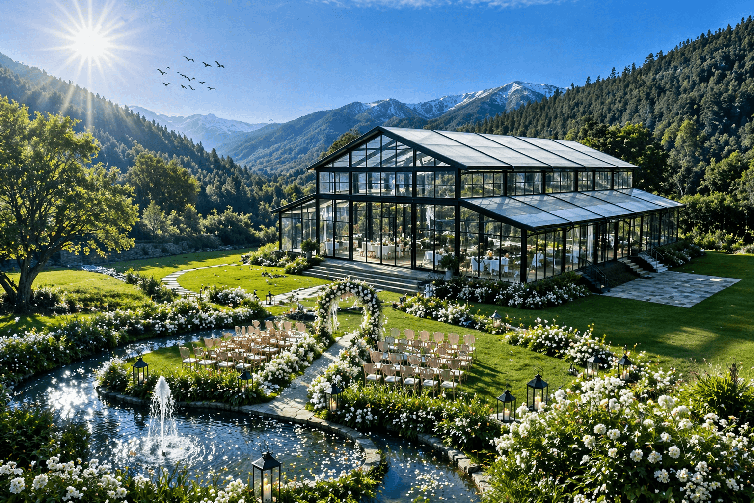 Elegant glass greenhouse wedding venue with white floral gardens and a scenic mountain backdrop.
