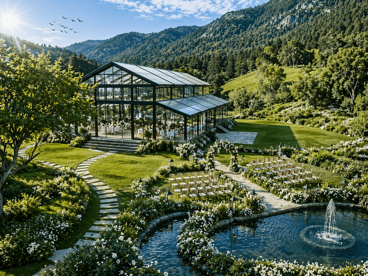 Glass conservatory wedding venue nestled in mountains with outdoor seating, flowers, and a fountain.