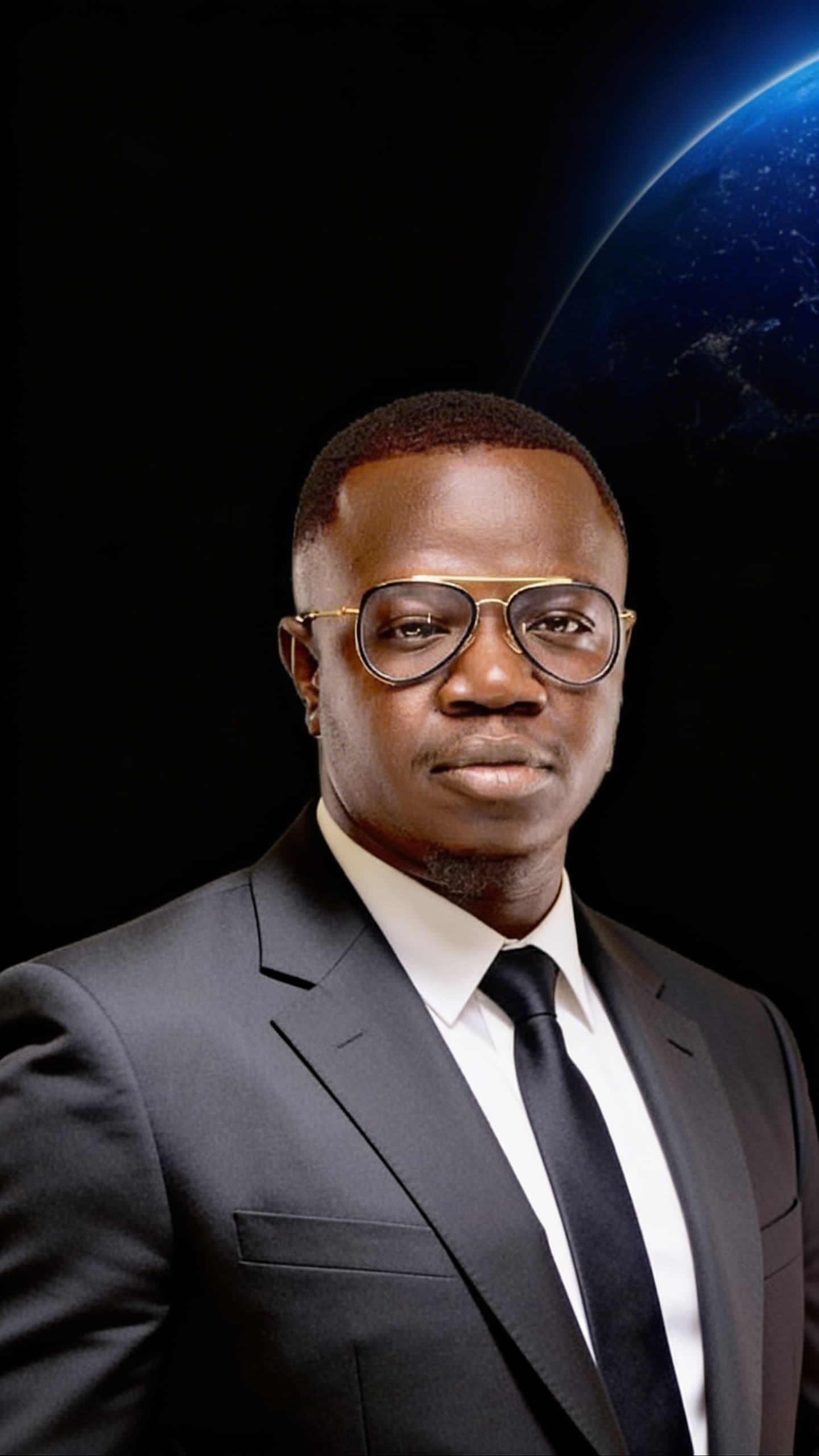 Professional Black man in a suit and gold glasses with Earth in the background.